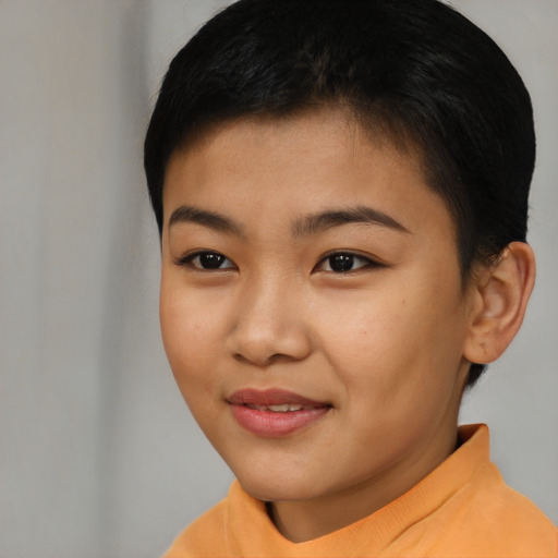 Joyful asian young-adult female with short  black hair and brown eyes