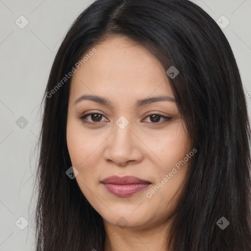 Joyful latino young-adult female with long  brown hair and brown eyes