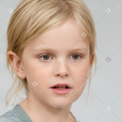 Neutral white child female with medium  brown hair and blue eyes