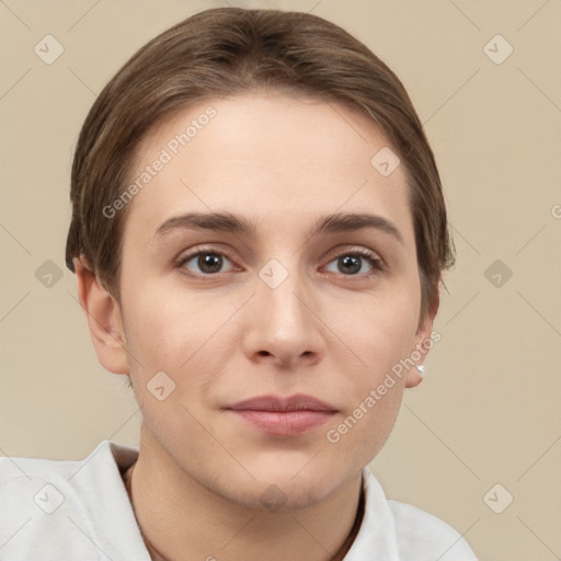 Neutral white young-adult female with short  brown hair and brown eyes