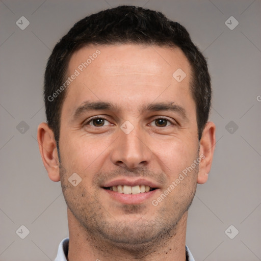 Joyful white young-adult male with short  brown hair and brown eyes