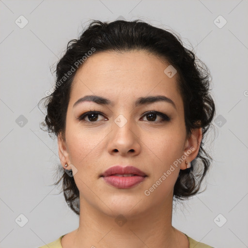 Neutral latino young-adult female with medium  brown hair and brown eyes