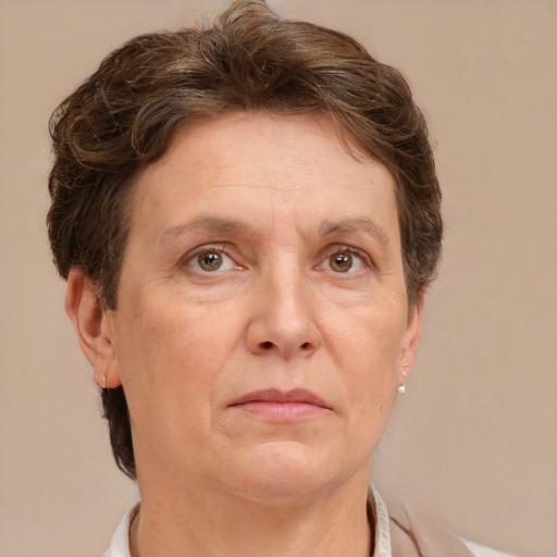 Neutral white adult female with short  brown hair and brown eyes