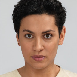 Neutral latino young-adult female with short  black hair and brown eyes