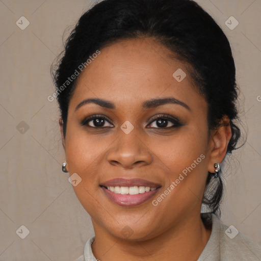 Joyful latino young-adult female with long  brown hair and brown eyes