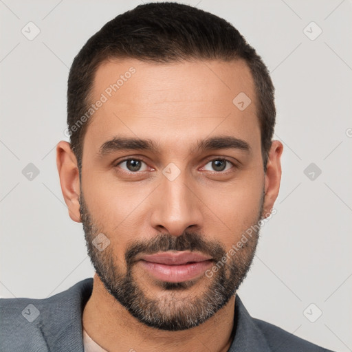 Neutral white young-adult male with short  brown hair and brown eyes