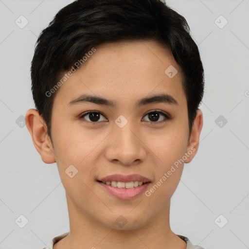 Joyful asian young-adult female with short  brown hair and brown eyes