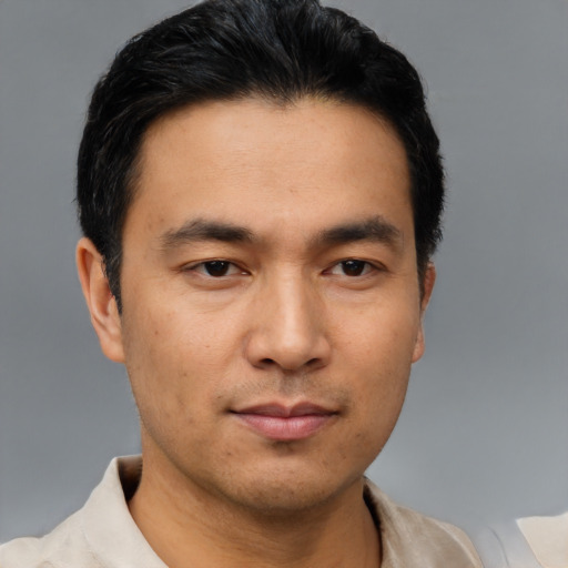 Neutral asian young-adult male with short  black hair and brown eyes