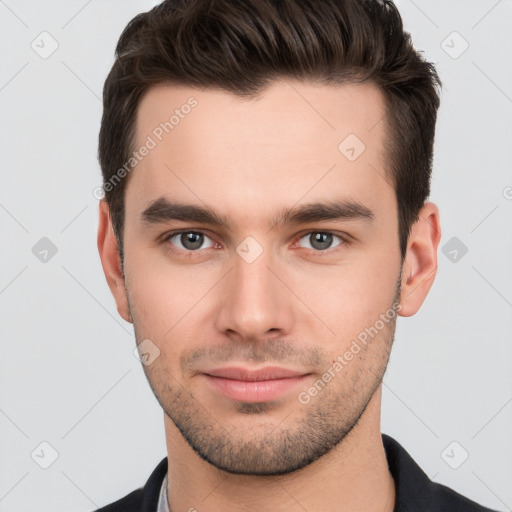 Neutral white young-adult male with short  brown hair and brown eyes