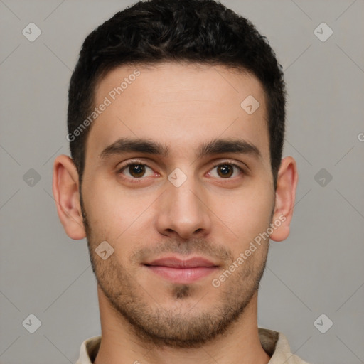 Neutral white young-adult male with short  brown hair and brown eyes