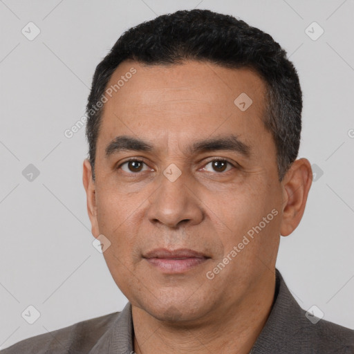 Neutral white adult male with short  black hair and brown eyes