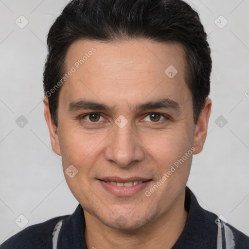 Joyful white adult male with short  brown hair and brown eyes