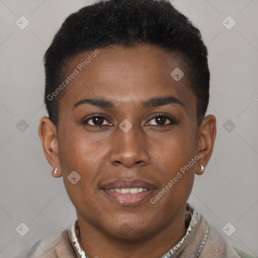 Joyful black young-adult female with short  brown hair and brown eyes