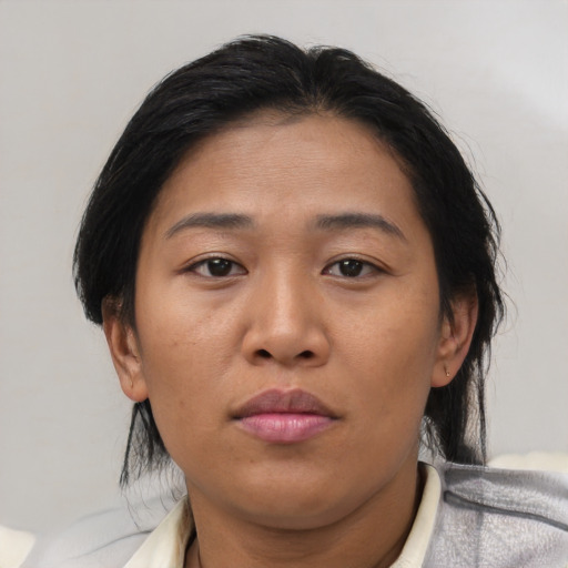 Neutral asian adult female with short  brown hair and brown eyes
