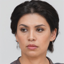 Neutral asian young-adult female with medium  brown hair and brown eyes