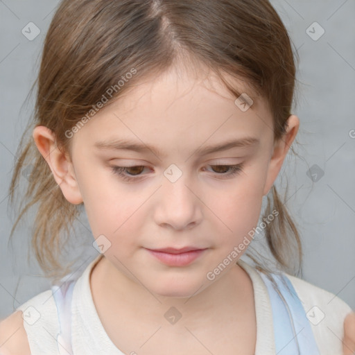 Joyful white child female with medium  brown hair and brown eyes