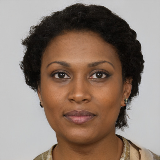 Neutral black adult female with short  black hair and brown eyes