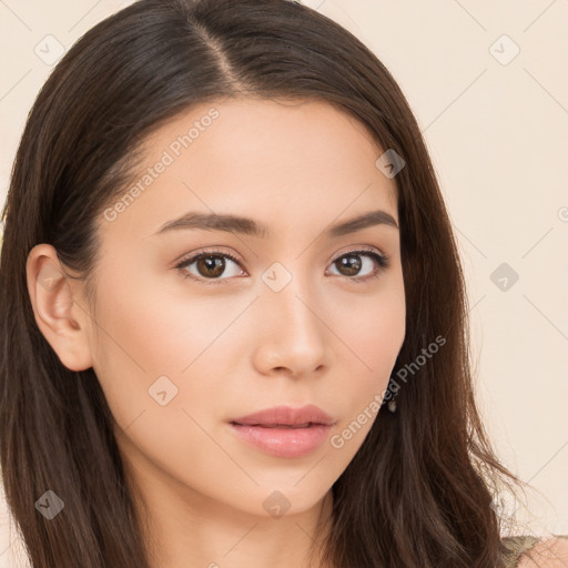 Neutral white young-adult female with long  brown hair and brown eyes