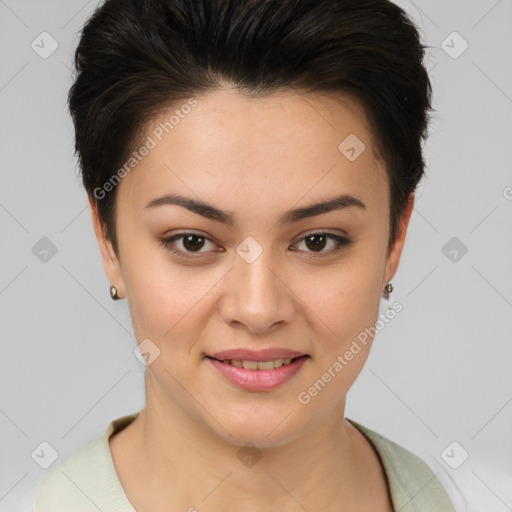 Joyful asian young-adult female with short  brown hair and brown eyes