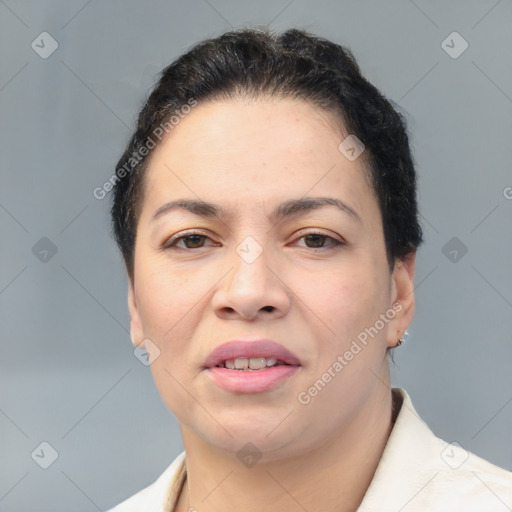 Joyful white young-adult female with short  brown hair and brown eyes