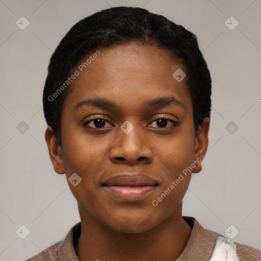 Joyful black young-adult female with short  black hair and brown eyes