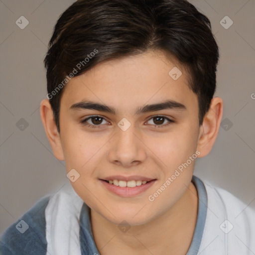 Joyful white child female with short  brown hair and brown eyes