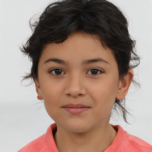 Joyful asian child female with medium  brown hair and brown eyes