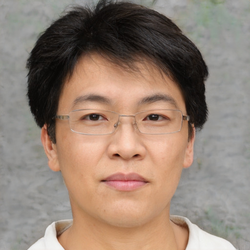 Joyful asian adult male with short  brown hair and brown eyes