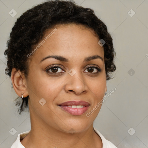 Joyful latino young-adult female with short  brown hair and brown eyes