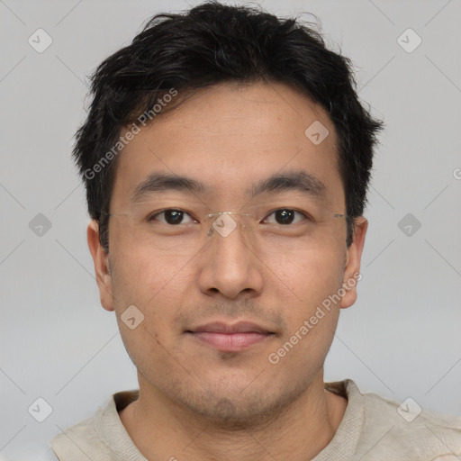 Neutral asian young-adult male with short  brown hair and brown eyes