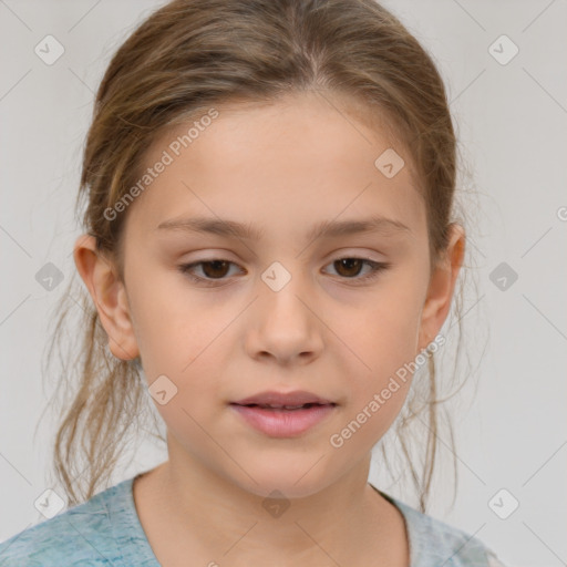 Joyful white child female with medium  brown hair and brown eyes