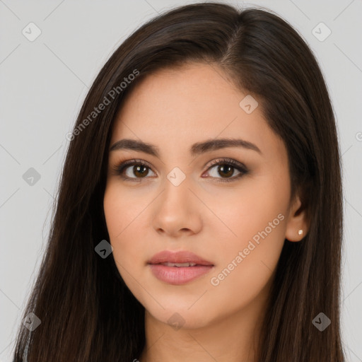 Neutral white young-adult female with long  brown hair and brown eyes