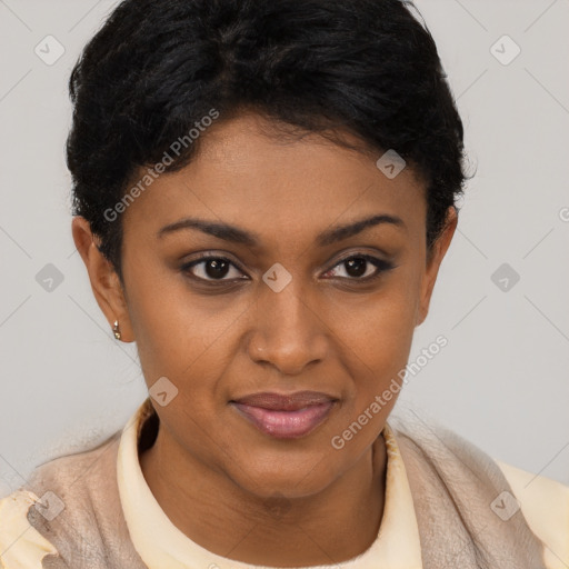 Joyful latino young-adult female with short  brown hair and brown eyes