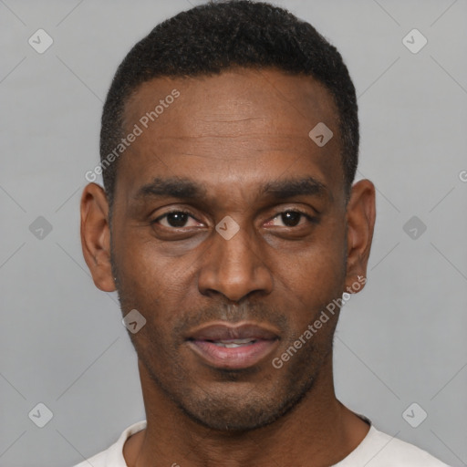 Neutral black young-adult male with short  black hair and brown eyes