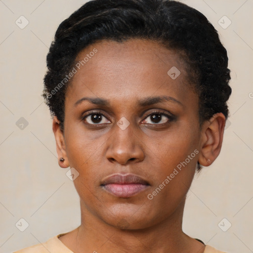 Neutral black young-adult female with short  brown hair and brown eyes