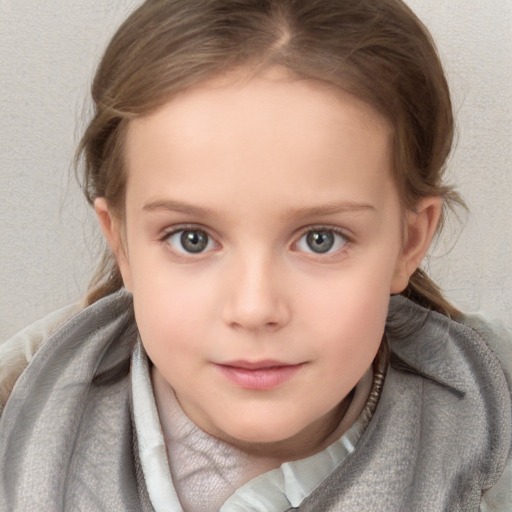 Neutral white child female with medium  brown hair and blue eyes