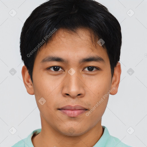 Neutral asian young-adult male with short  brown hair and brown eyes