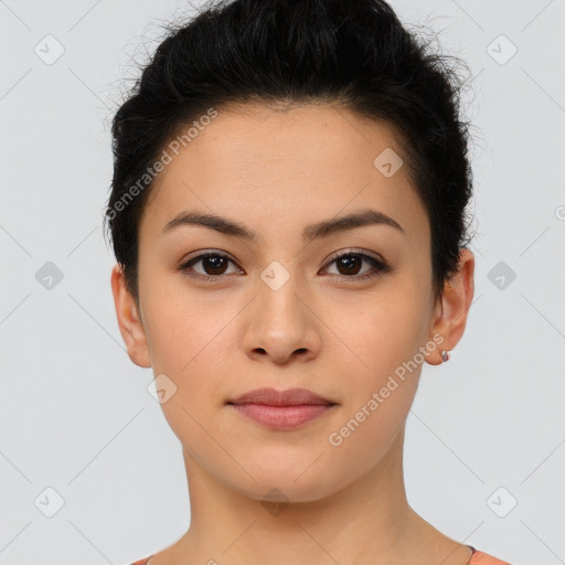 Joyful latino young-adult female with short  black hair and brown eyes