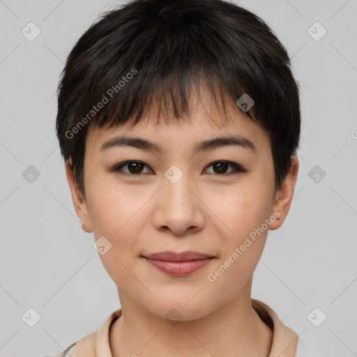 Joyful asian young-adult female with short  brown hair and brown eyes