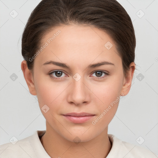 Neutral white young-adult female with medium  brown hair and brown eyes