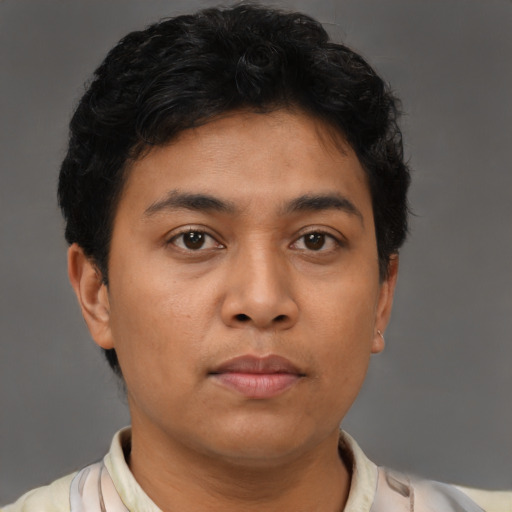 Neutral asian young-adult male with short  brown hair and brown eyes
