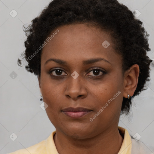 Neutral black young-adult female with short  brown hair and brown eyes