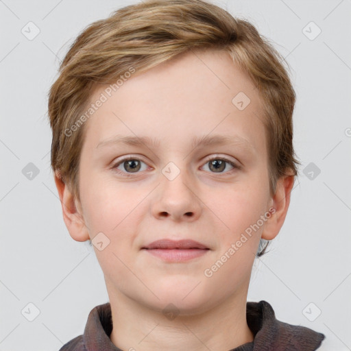 Joyful white child female with short  brown hair and grey eyes