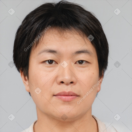 Neutral asian young-adult male with short  brown hair and brown eyes