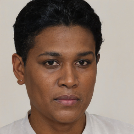 Neutral black young-adult female with short  black hair and brown eyes