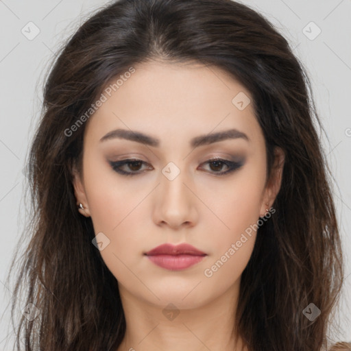 Neutral asian young-adult female with long  brown hair and brown eyes