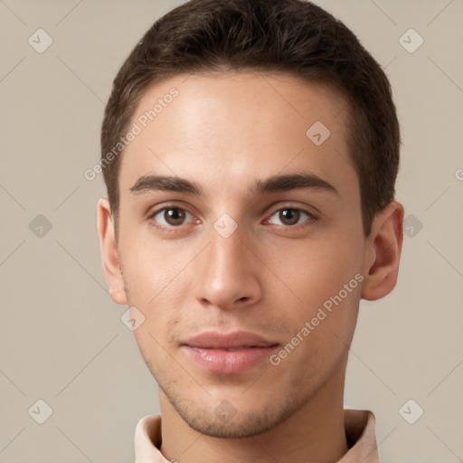 Neutral white young-adult male with short  brown hair and brown eyes