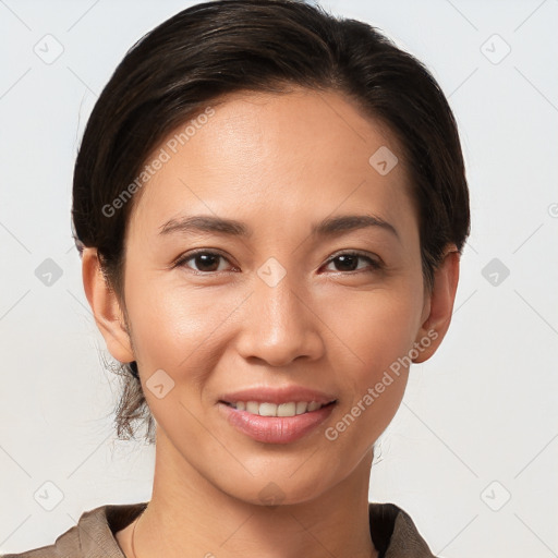 Joyful white young-adult female with medium  brown hair and brown eyes