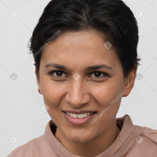 Joyful white young-adult female with short  brown hair and brown eyes