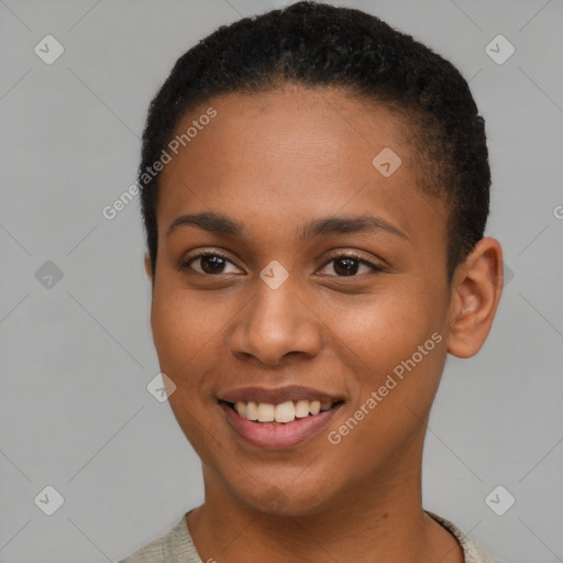 Joyful black young-adult female with short  brown hair and brown eyes